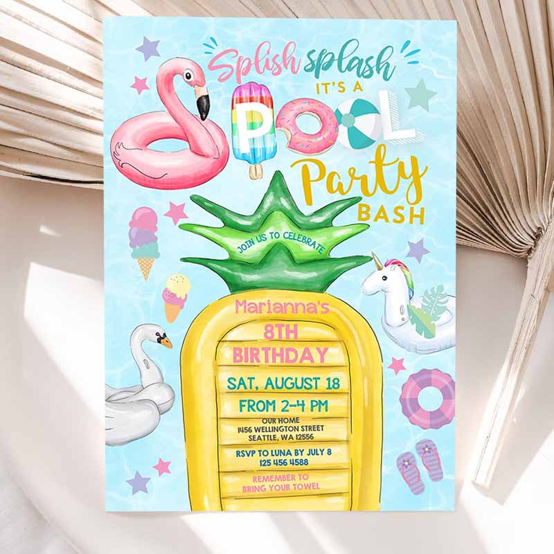 Unicorn Pool Party Invitation, Invite Flamingo Pineapple Pool Part Party, Teens Kids Birthday