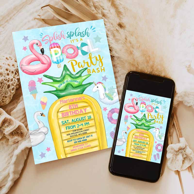 Unicorn Pool Party Invitation, Invite Flamingo Pineapple Pool Part Party, Teens Kids Birthday