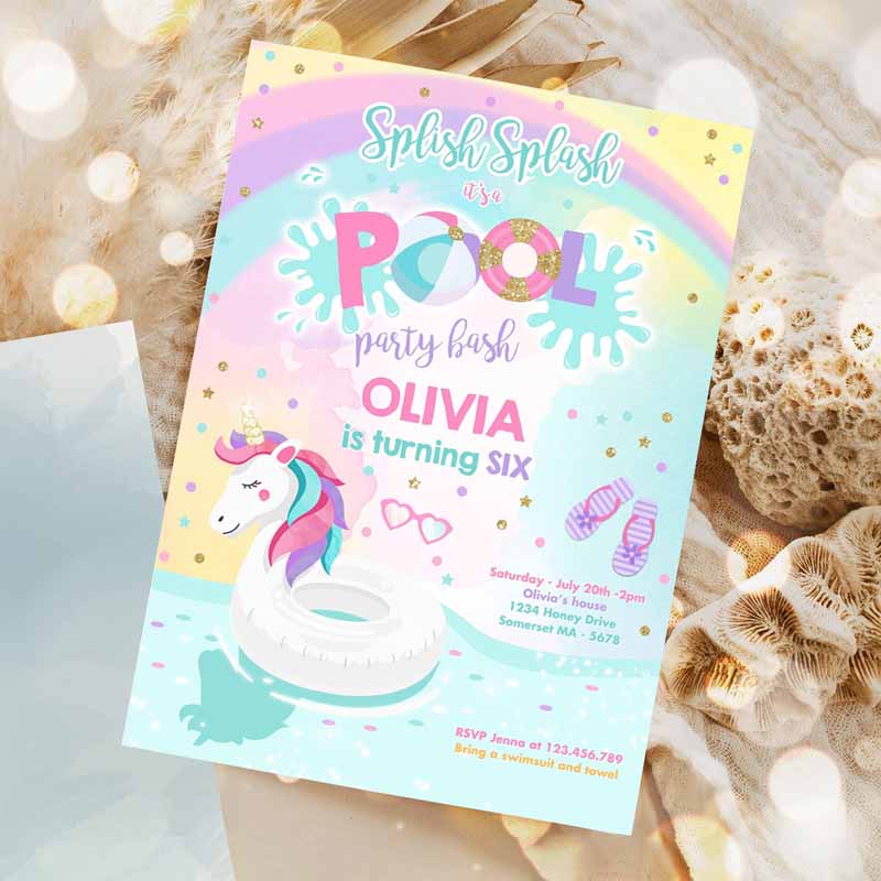 Unicorn Pool Party Invitation, Unicorn Pool Party, Kids Birthday Invitation, Unicorn Pool