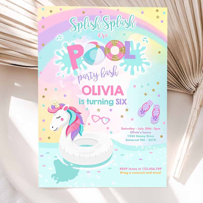 Unicorn Pool Party Invitation, Unicorn Pool Party, Kids Birthday Invitation, Unicorn Pool