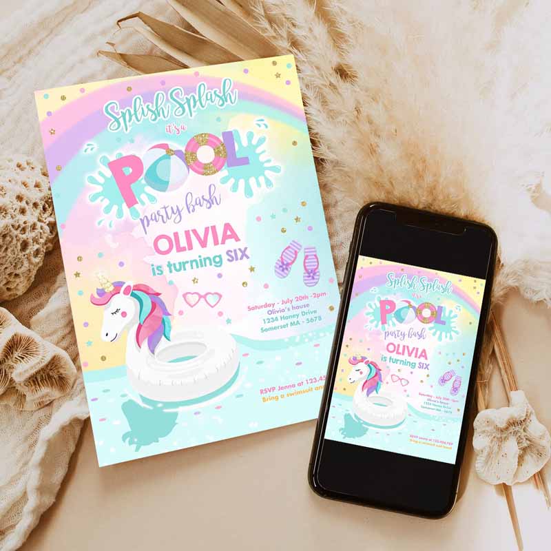 Unicorn Pool Party Invitation, Unicorn Pool Party, Kids Birthday Invitation, Unicorn Pool