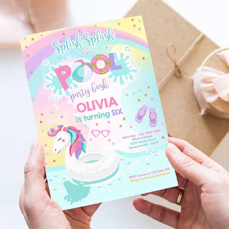 Unicorn Pool Party Invitation, Unicorn Pool Party, Kids Birthday Invitation, Unicorn Pool