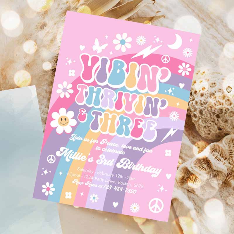 Vibin'rivin' and Three Kids Birthday Invitation, Pink Purple Blue Groovy Rainbow Party