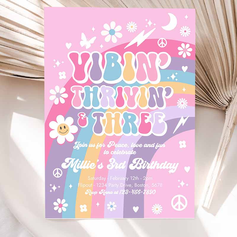 Vibin'rivin' and Three Kids Birthday Invitation, Pink Purple Blue Groovy Rainbow Party