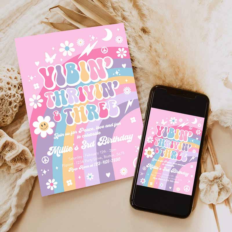 Vibin'rivin' and Three Kids Birthday Invitation, Pink Purple Blue Groovy Rainbow Party