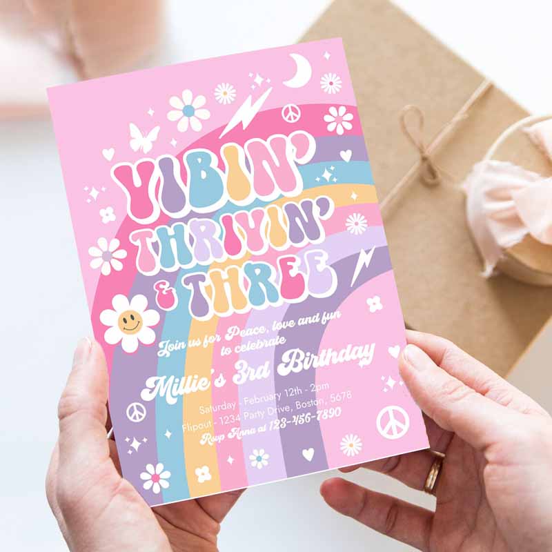 Vibin'rivin' and Three Kids Birthday Invitation, Pink Purple Blue Groovy Rainbow Party