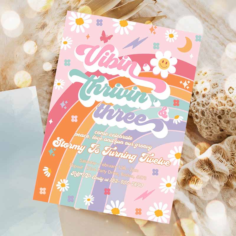 Vibin'rivin' and Three Kids Birthday, Peace Love Groovy Rainbow Party, Hippie Kids Birthday Invitation