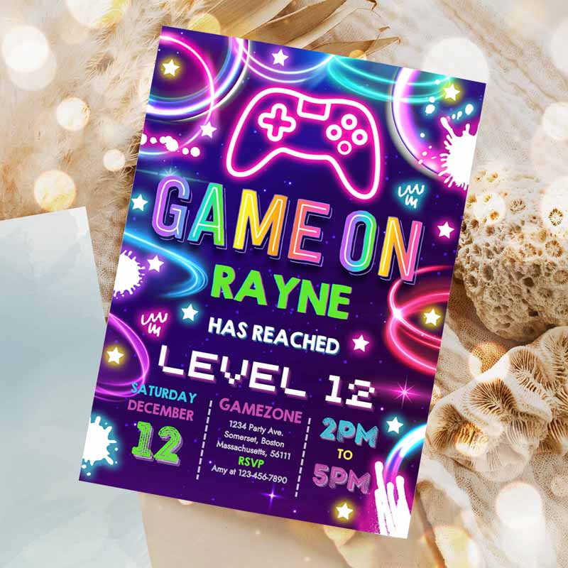 Video Game Kids Birthday Invitation, Gamer Girl Kids Birthday Party, Neon Game On Level Up Kids Birthday Party, Glow Gamer Party Invitation