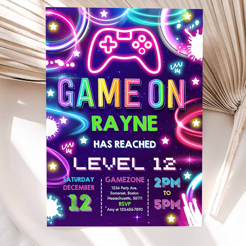 Video Game Kids Birthday Invitation, Gamer Girl Kids Birthday Party, Neon Game On Level Up Kids Birthday Party, Glow Gamer Party