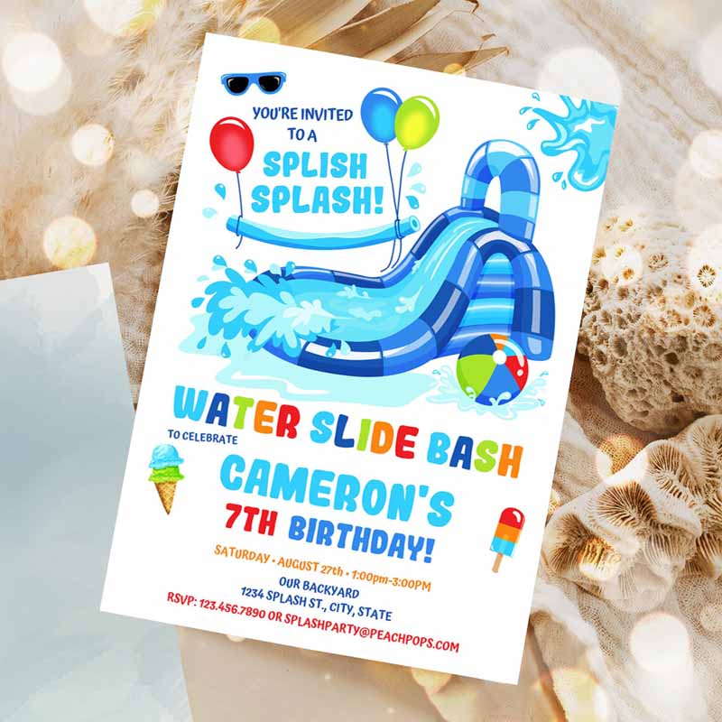 Water Slide Kids Birthday, Splash Party Invitation, Blue Waterslide Bash Boy or Girl Printable