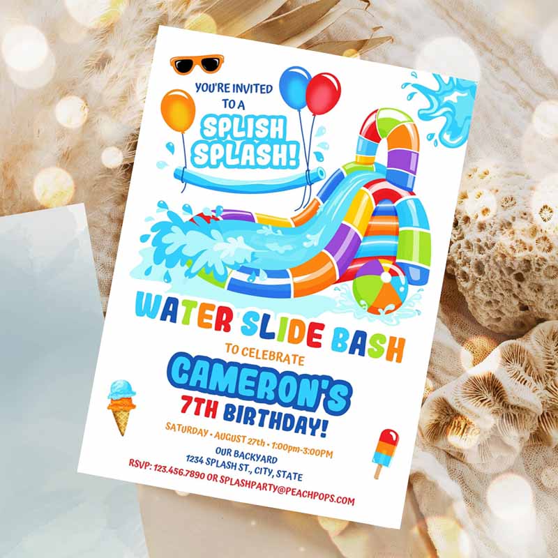 Water Slide Kids Birthday, Splash Party Invitation, Orange Red Blue Waterslide Bash Boy or Girl DIGITAL Printable