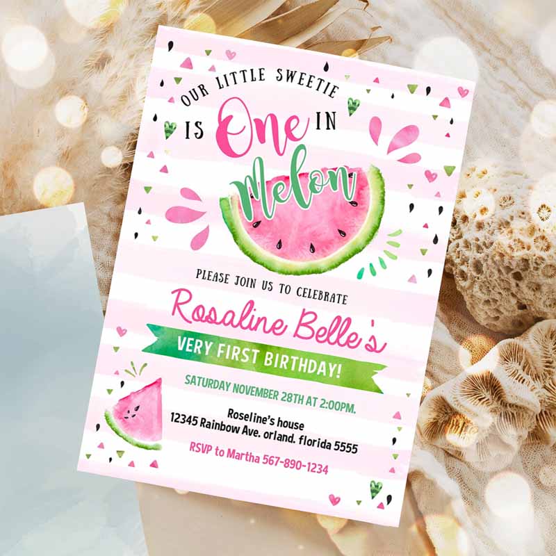 Watermelon Invitation, Pink Watermelon Party Invitation, One in a Melon Kids Birthday Party