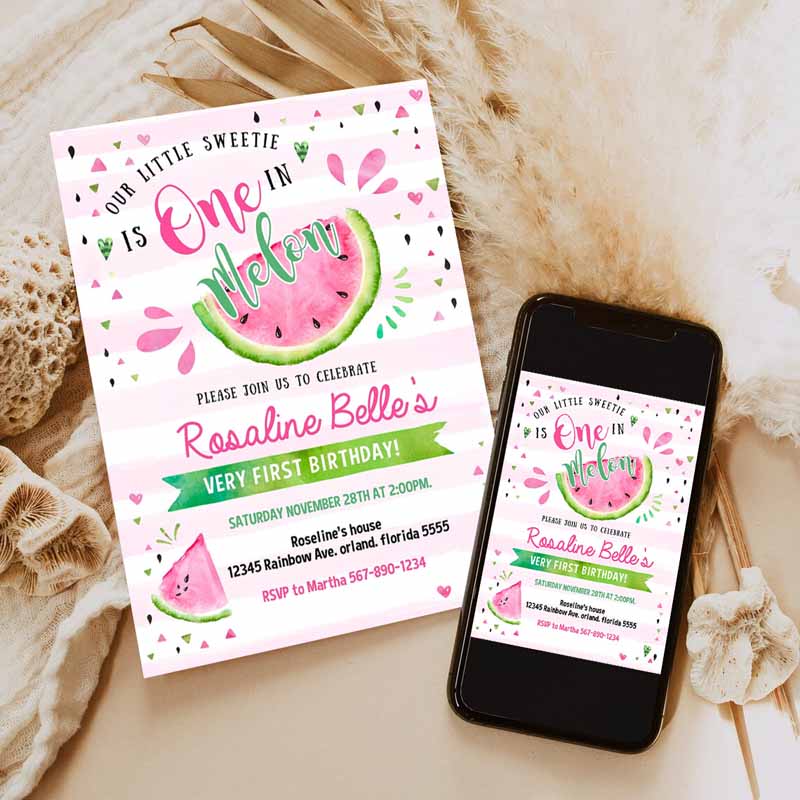 Watermelon Invitation, Pink Watermelon Party Invitation, One in a Melon Kids Birthday Party