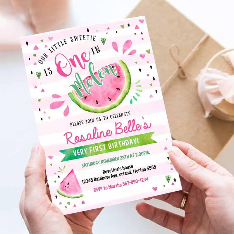 Watermelon Invitation, Pink Watermelon Party Invitation, One in a Melon Kids Birthday Party