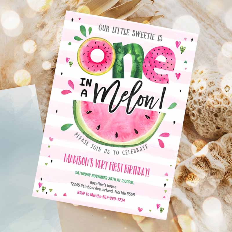 Watermelon Invitation, Pink Watermelon Party, One in a Melon Kids Birthday Party