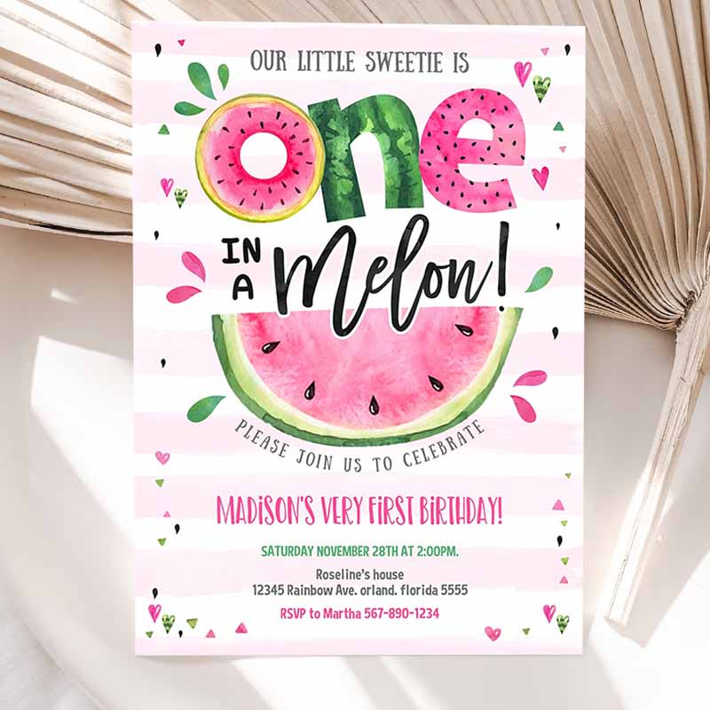 Watermelon Invitation, Pink Watermelon Party, One in a Melon Kids Birthday Party