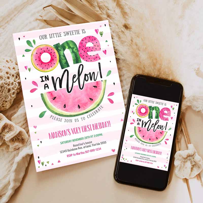 Watermelon Invitation, Pink Watermelon Party, One in a Melon Kids Birthday Party