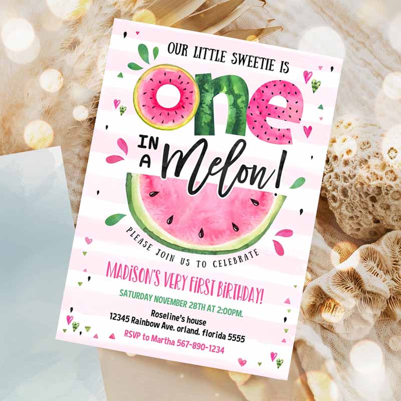 Watermelon Invitation, Pink Watermelon Party, One in a Melon Kids Birthday Party