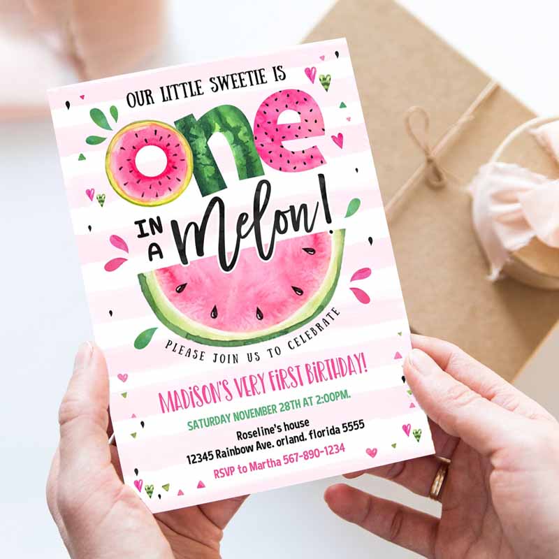 Watermelon Invitation, Pink Watermelon Party, One in a Melon Kids Birthday Party