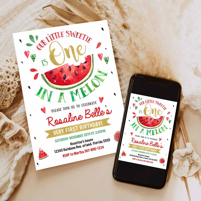 Watermelon Invitation, Red Watermelon Party, One in a Melon Kids Birthday