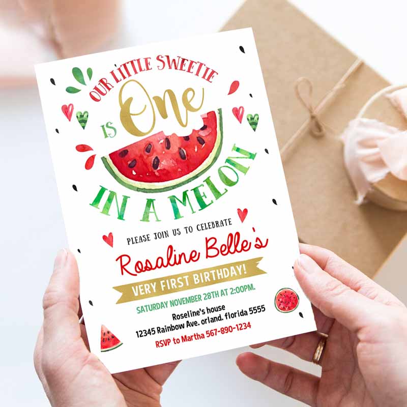 Watermelon Invitation, Red Watermelon Party, One in a Melon Kids Birthday