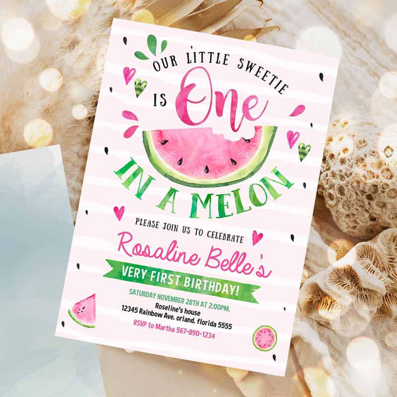 Watermelon Invitation, One in a Melon First Kids Birthday, Pink Watermelon Party