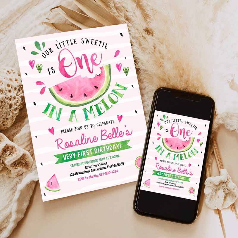 Watermelon Invitation, One in a Melon First Kids Birthday, Pink Watermelon Party