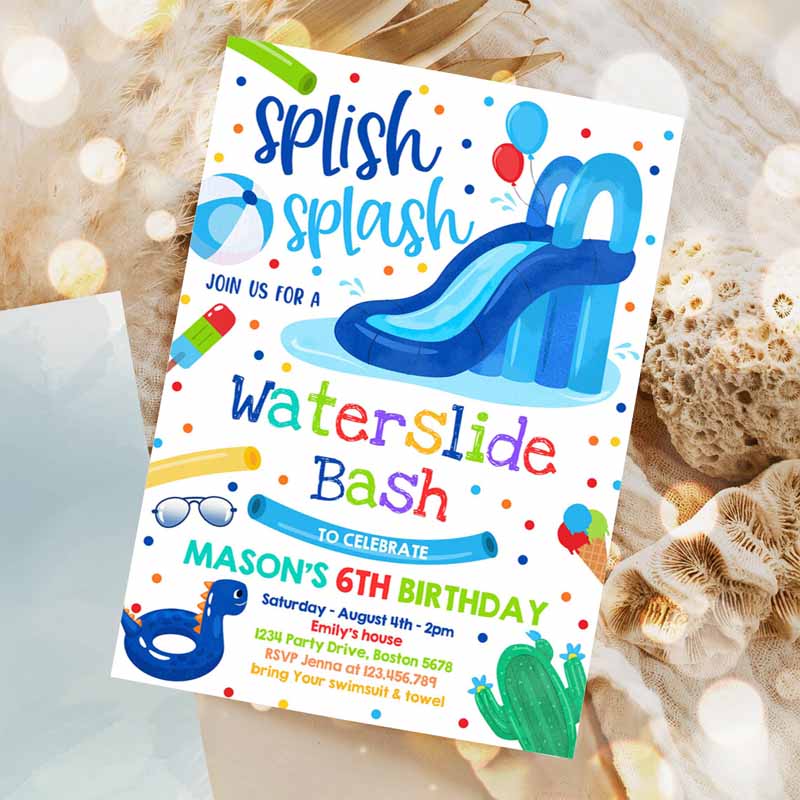 Waterslide Kids Birthday, Water Slide Bash Summer Pool Party, Boy Blue Pool Party, BBQ Pool Party Invitation