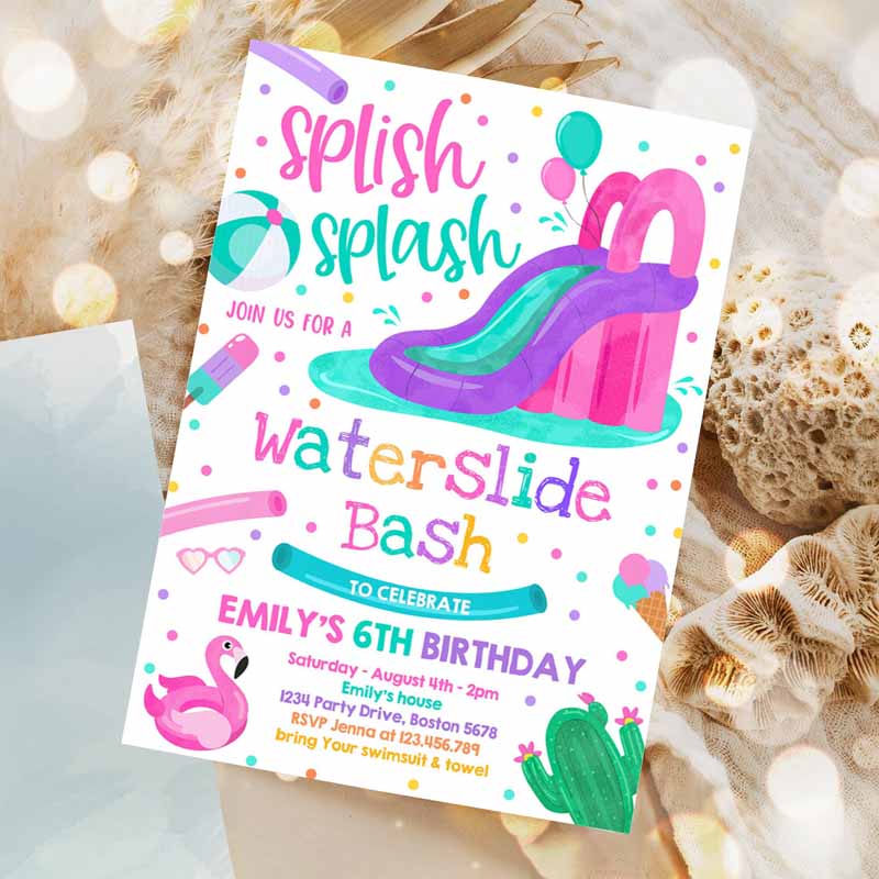 Waterslide Kids Birthday, Water Slide Bash Summer Pool Party, Girly Pink Pool Party, BBQ Pool Party Invitation