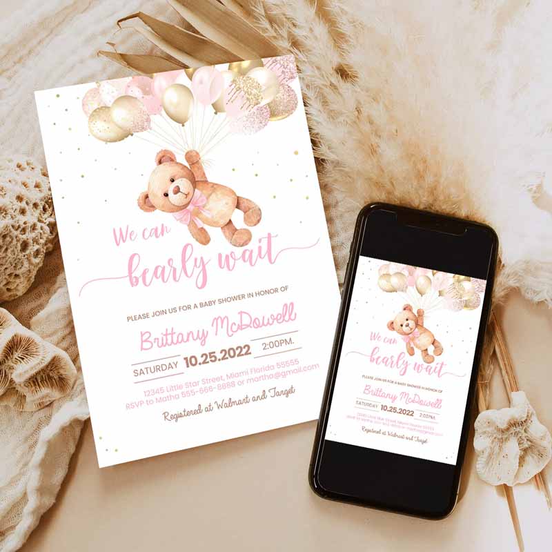 We Can Bearly Wait Baby Shower Invitation, Teddy Bear Hot Air Balloon Beareme Invitation