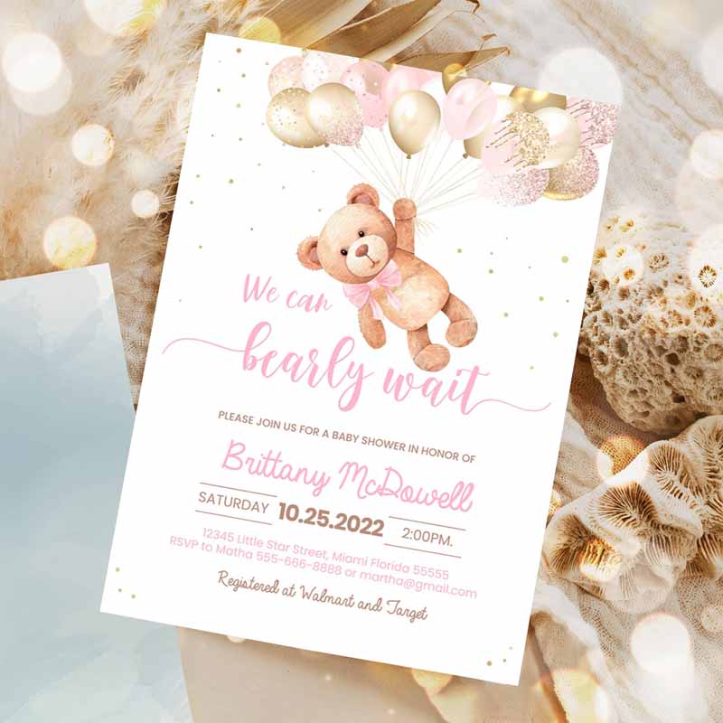 We Can Bearly Wait Baby Shower Invitation, Teddy Bear Hot Air Balloon Beareme Invitation