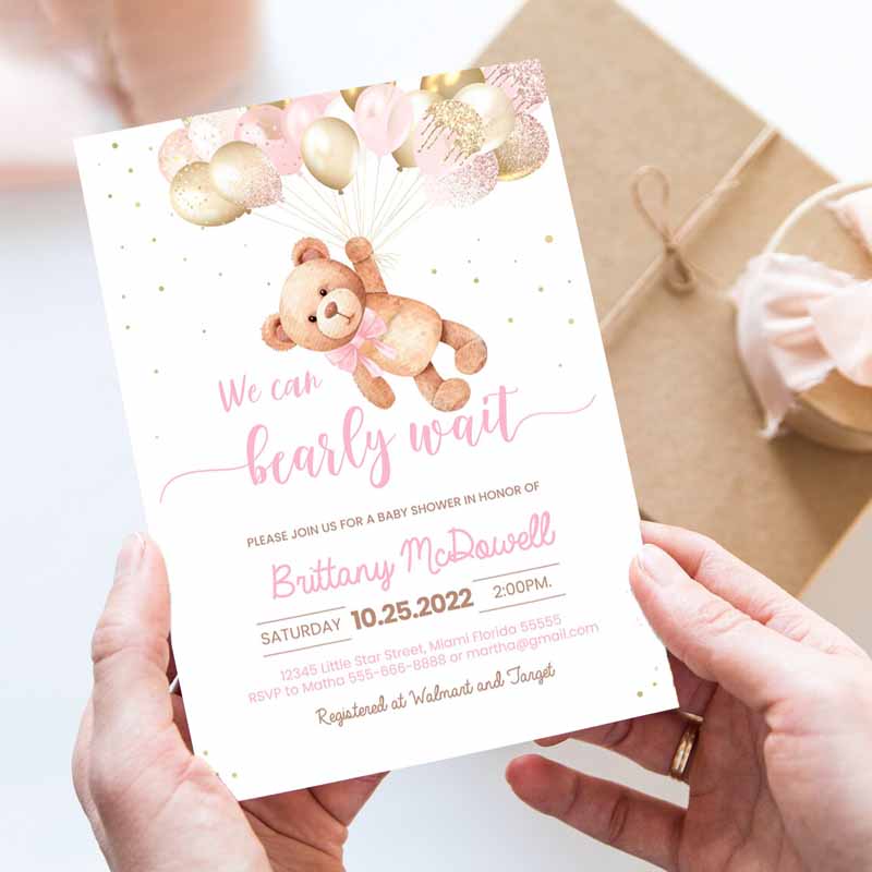 We Can Bearly Wait Baby Shower Invitation, Teddy Bear Hot Air Balloon Beareme Invitation