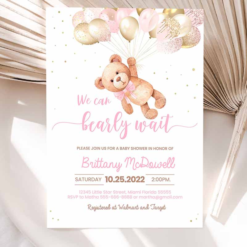 We Can Bearly Wait Baby Shower Invitation, Teddy Bear Hot Air Balloon Beareme Invitation