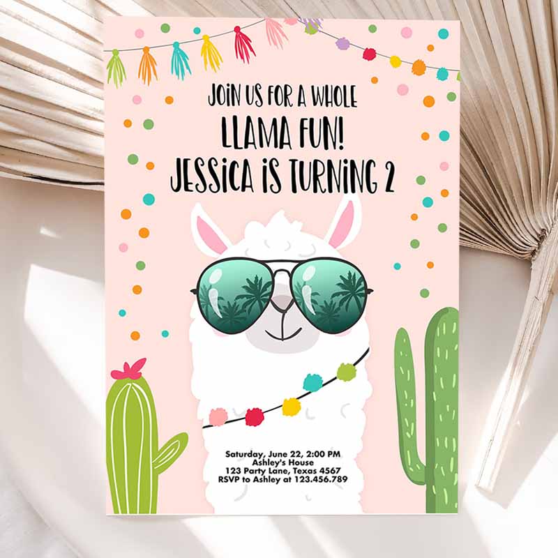 Whole Llama Fun Kids Birthday Invitation, Llama Fiesta Cactus Confetti Girl Pink Alpaca Invitation