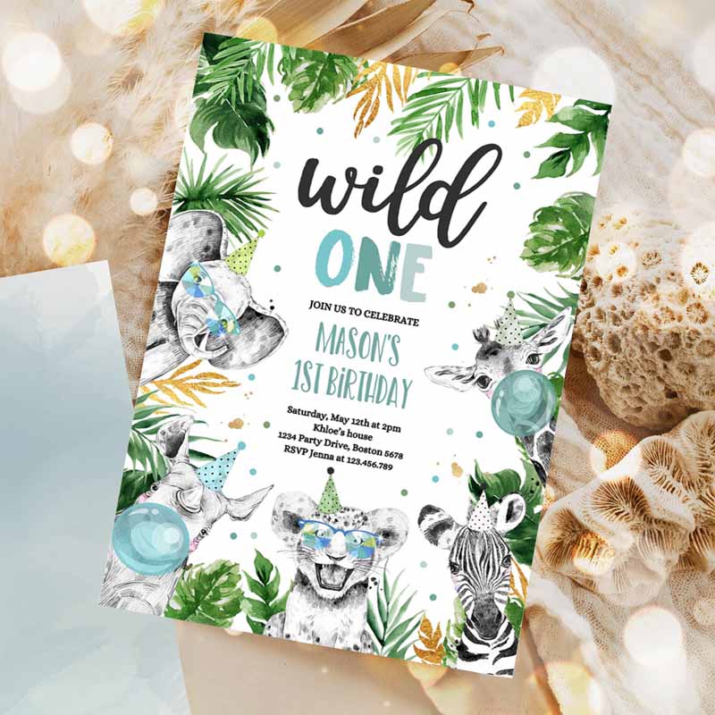 Wild One Kids Birthday Invitation, Safari Animals Invite Jungle Safari Animal Party, Modern Monochrome Party