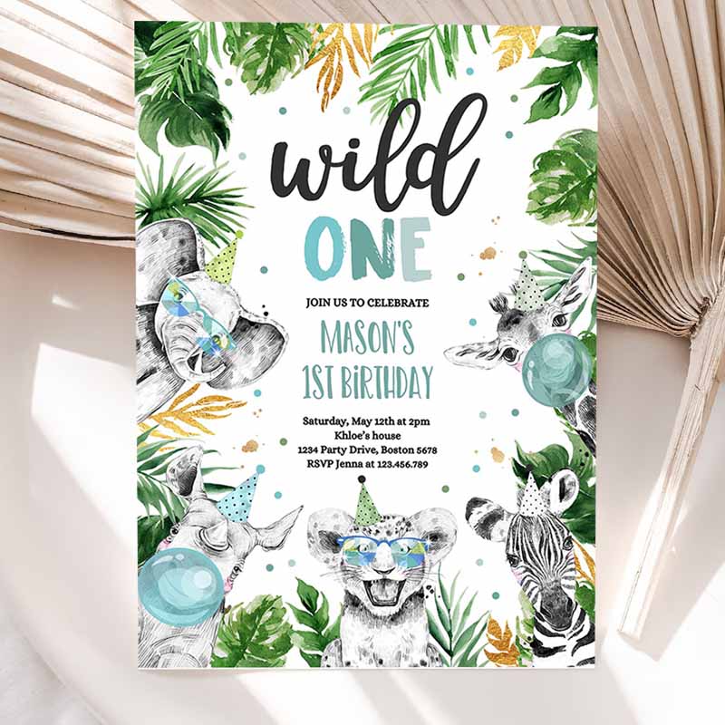 Wild One Kids Birthday Invitation, Safari Animals Invite Jungle Safari Animal Party, Modern Monochrome Party