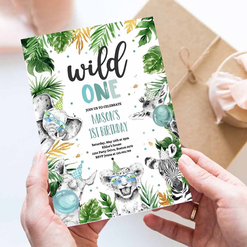 Wild One Kids Birthday Invitation, Safari Animals Invite Jungle Safari Animal Party, Modern Monochrome Party