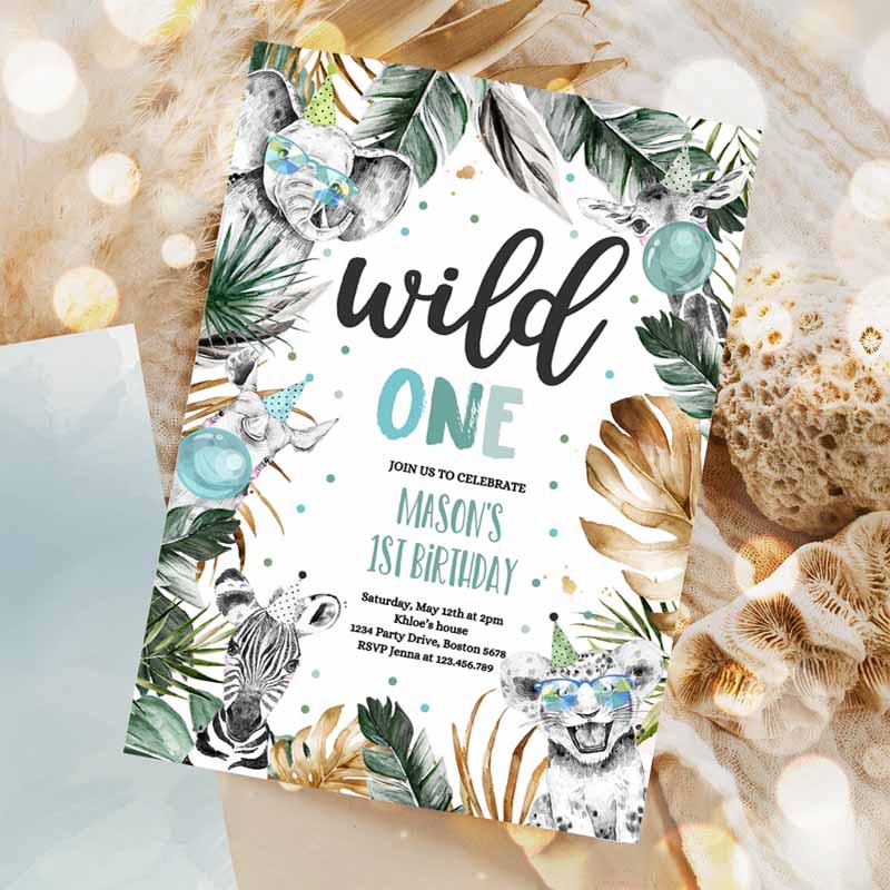 Wild One Kids Birthday Invitation, Safari Animals Invite Jungle Safari Animal Party, Modern Monochrome Safari Party Invitation