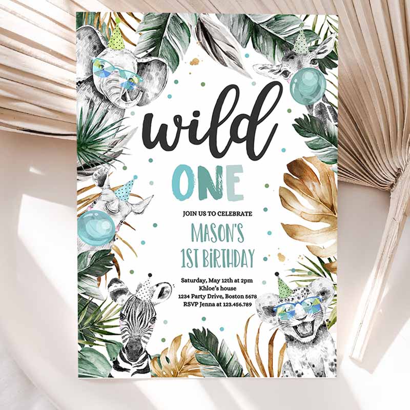 Wild One Kids Birthday Invitation, Safari Animals Invite Jungle Safari Animal Party, Modern Monochrome Safari Party