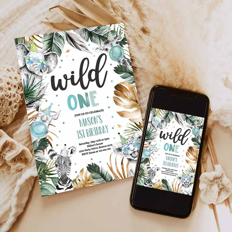 Wild One Kids Birthday Invitation, Safari Animals Invite Jungle Safari Animal Party, Modern Monochrome Safari Party