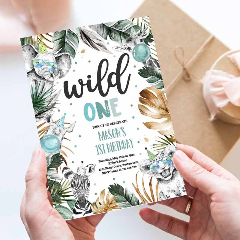 Wild One Kids Birthday Invitation, Safari Animals Invite Jungle Safari Animal Party, Modern Monochrome Safari Party