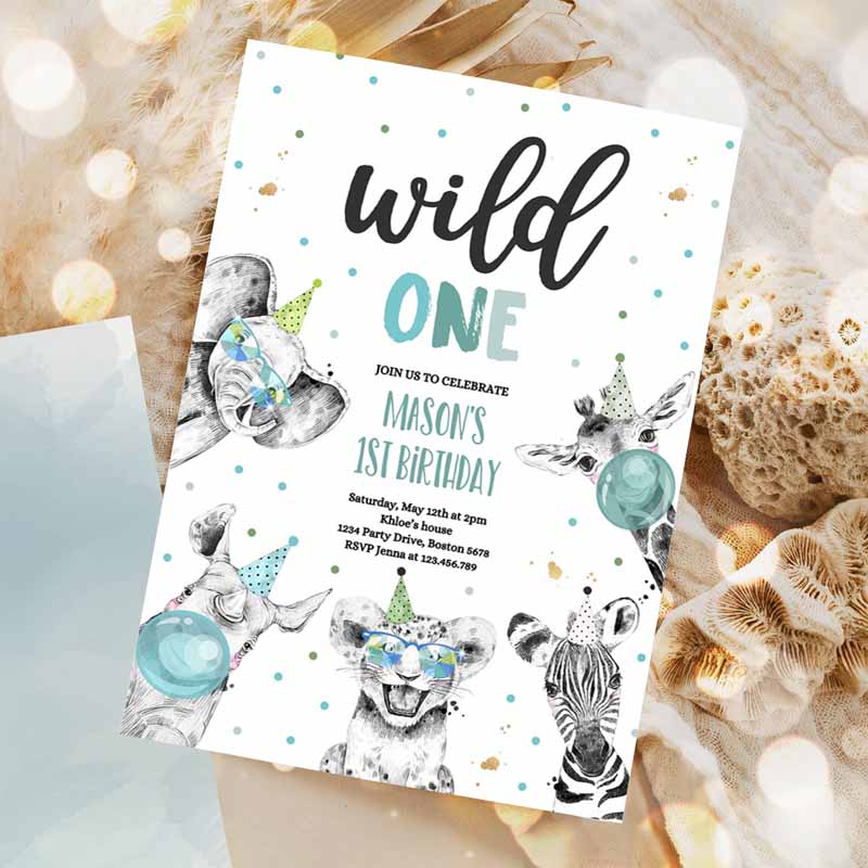 Wild One Kids Birthday Invitation, Safari Animals Invite Jungle Safari Animal Party, Modern Safari Party