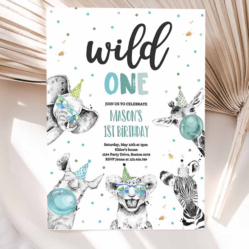 Wild One Kids Birthday Invitation, Safari Animals Invite Jungle Safari Animal Party, Modern Safari Party