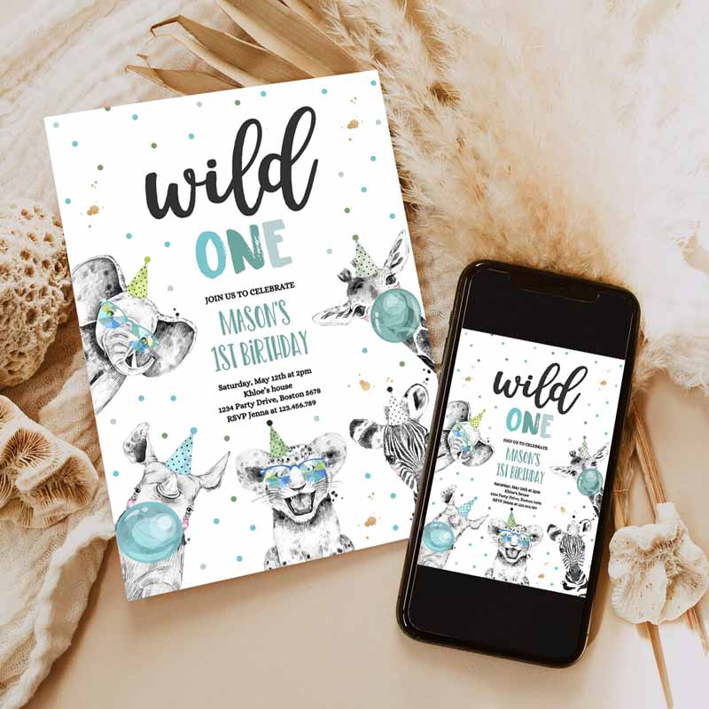 Wild One Kids Birthday Invitation, Safari Animals Invite Jungle Safari Animal Party, Modern Safari Party