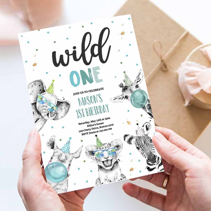 Wild One Kids Birthday Invitation, Safari Animals Invite Jungle Safari Animal Party, Modern Safari Party