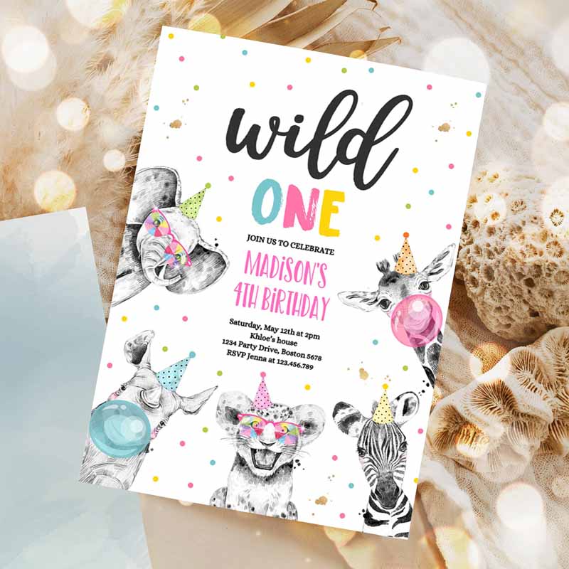 Wild One Kids Birthday Invitation, Safari Animals Invite Jungle Safari Animal Party, Pink Gold Monochrome Safari Party Invitation