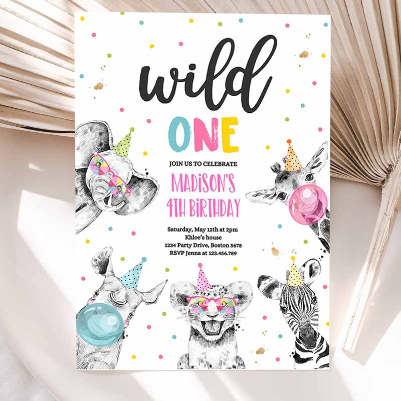 Wild One Kids Birthday Invitation, Safari Animals Invite Jungle Safari Animal Party, Pink Gold Monochrome Safari Party