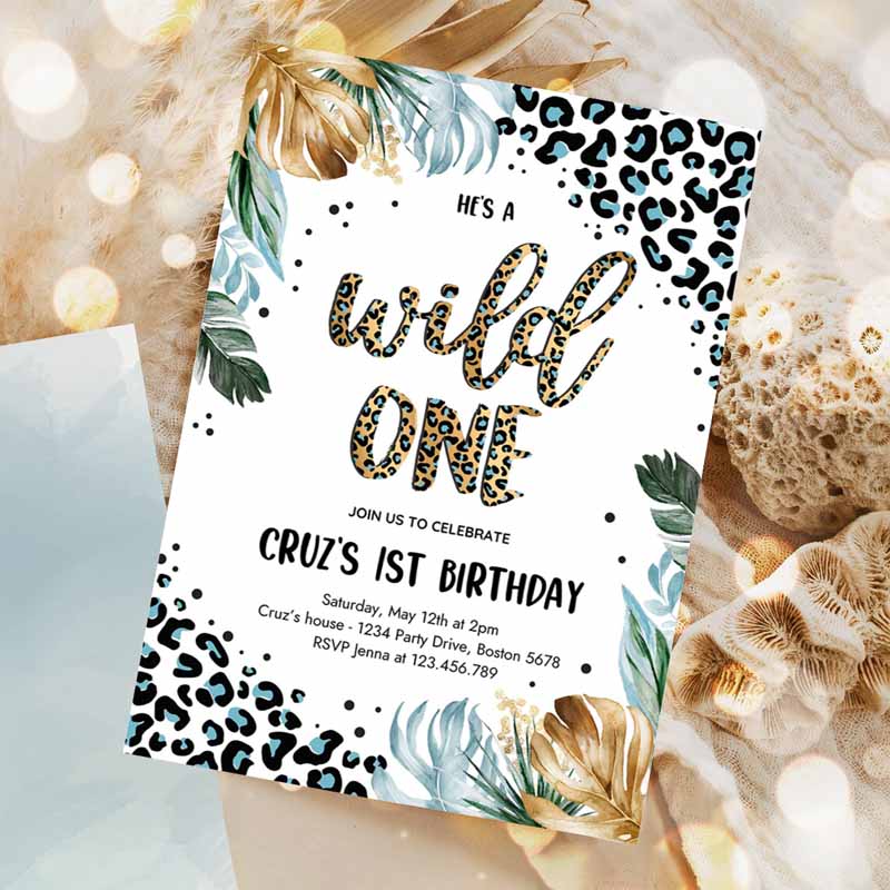 Wild One Leopard Print Jungle Kids Birthday, Blue Boy Leopard Print Wild One Kids Birthday