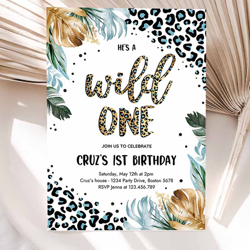 Wild One Leopard Print Jungle Kids Birthday, Blue Boy Leopard Print Wild One Kids Birthday Party