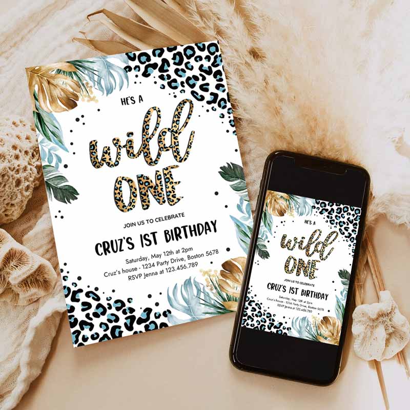 Wild One Leopard Print Jungle Kids Birthday, Blue Boy Leopard Print Wild One Kids Birthday Party